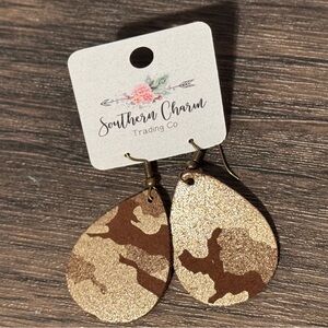 Southern Charm Trading Co leather dangle teardrop camo camouflage earrings